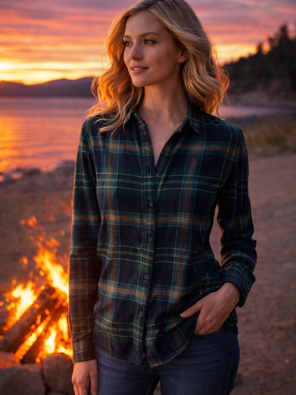 Uniqlo Navy and Green Plaid Casual Shirt